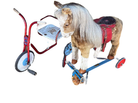 Merrythought pull-along pony, Raleigh minitrike, Triang scooter and Mobo...
