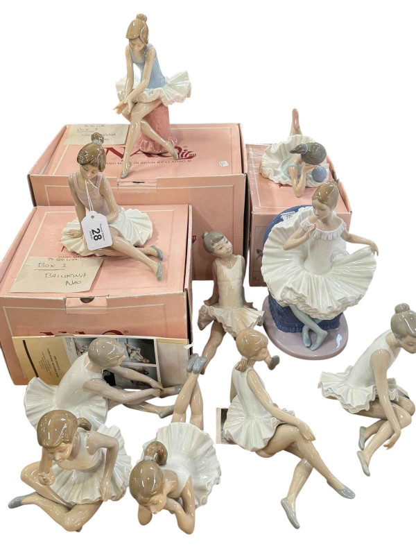 Ten Nao figurines depicting ballerinas, three ARF, boxed.