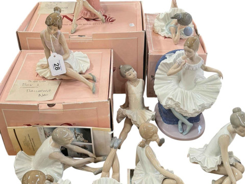 Ten Nao figurines depicting ballerinas, three ARF, boxed.
