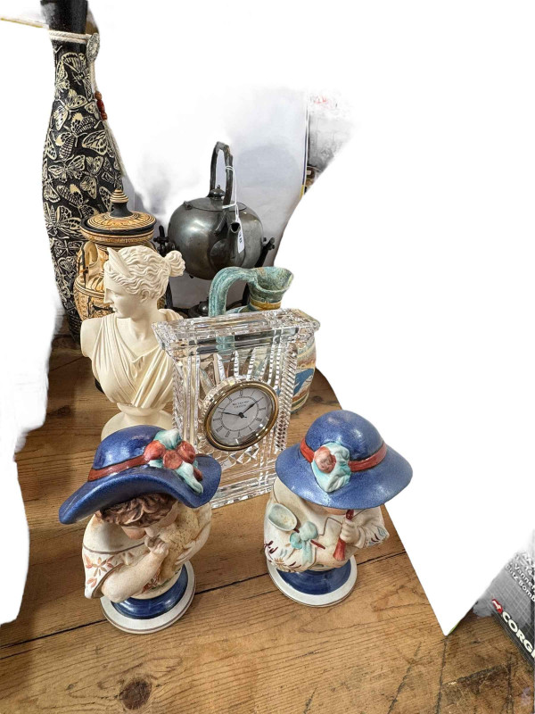 Waterford crystal mantel clock, hand painted Massai vase, lady bust etc.