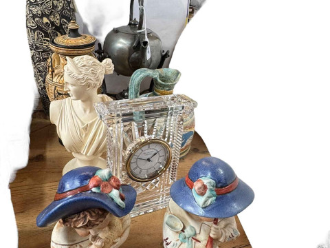 Waterford crystal mantel clock, hand painted Massai vase, lady bust etc.