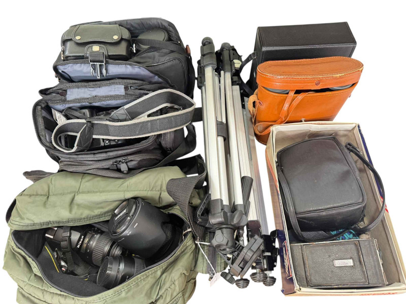 Collection of cameras, binoculars and lenses including Nikon D40, Nikon SWM VR ED IF lens, Nikon DX SWM ED lens etc.