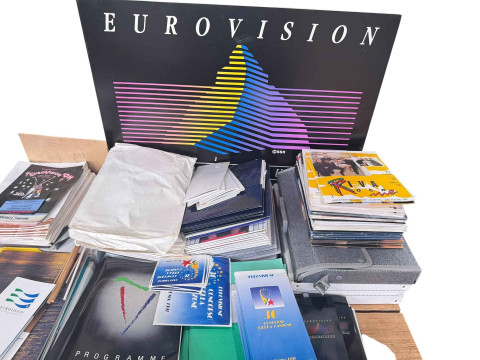 Large collection of Eurovision memorabilia, dating 1980's to 1990's, including programmes, singles, records, cups etc. thumbnail