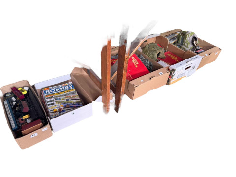 Collection of Hornby railway magazines, track, empty display presentation...