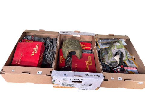 Collection of Hornby railway magazines, track, empty display presentation case etc. thumbnail