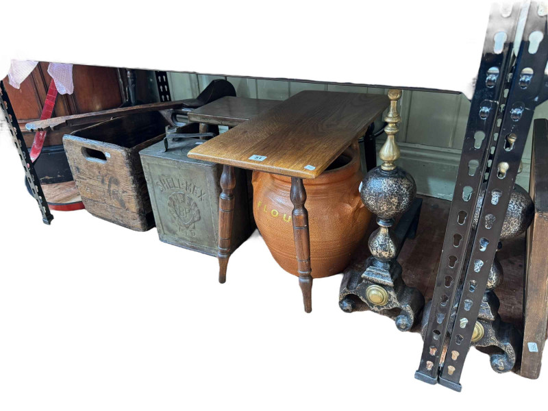Pair of ornate heavy fire dogs, vintage BP petrol can, advert mirror, flour ceramic pot etc.