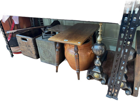 Pair of ornate heavy fire dogs, vintage BP petrol can, advert mirror,...