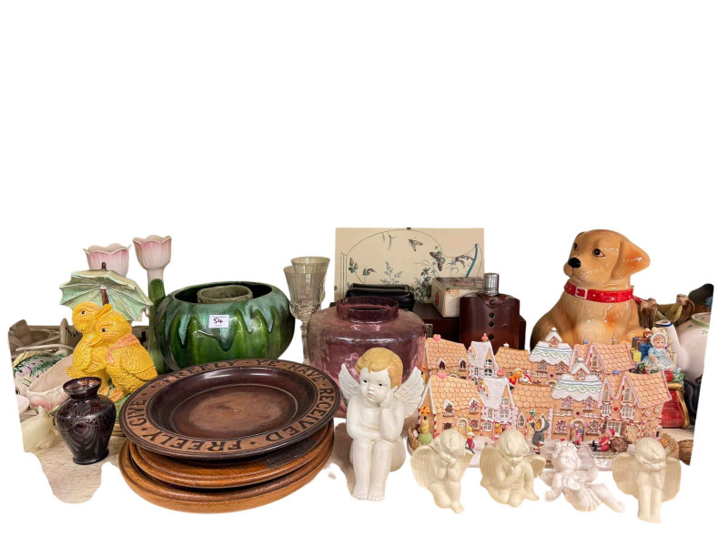 Large collection of decorative pottery, figurines, Russian wooden service, glass, table lamps etc.