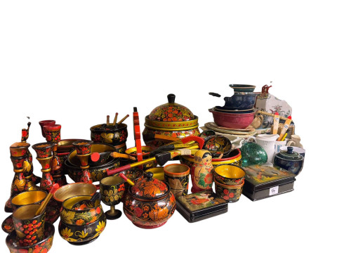 Large collection of decorative pottery, figurines, Russian wooden service, glass, table lamps etc. thumbnail