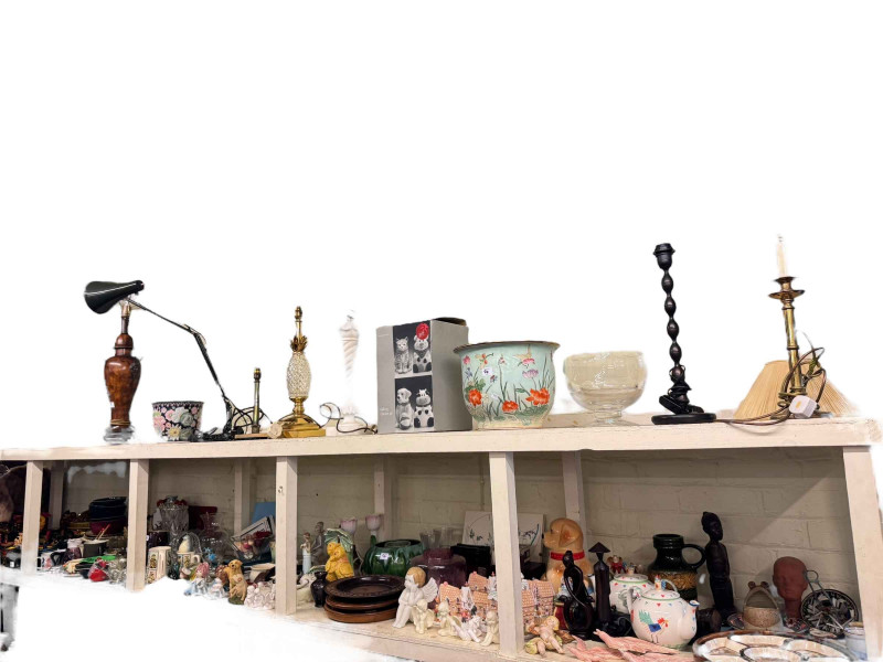 Large collection of decorative pottery, figurines, Russian wooden service, glass, table lamps etc.