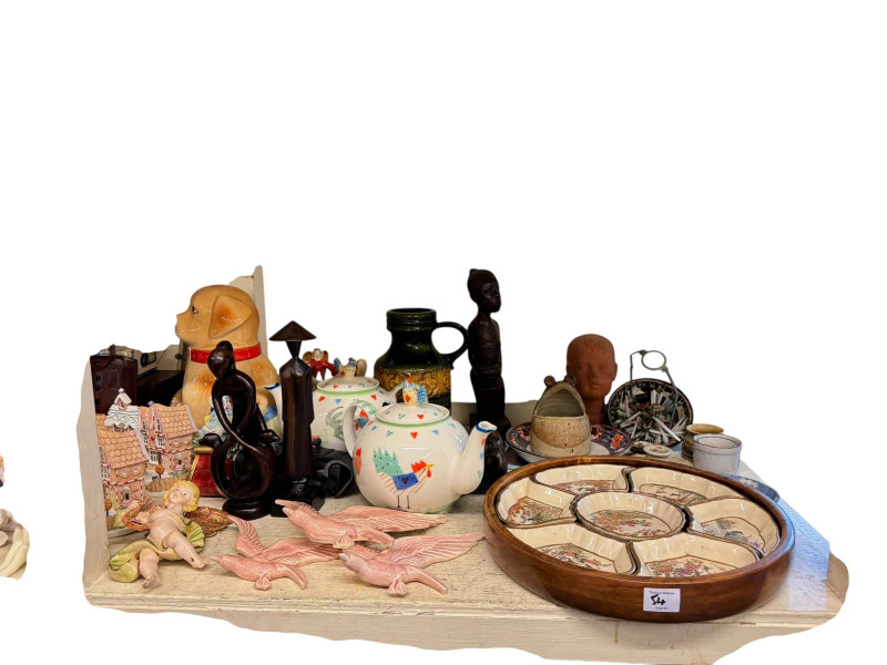 Large collection of decorative pottery, figurines, Russian wooden service, glass, table lamps etc.