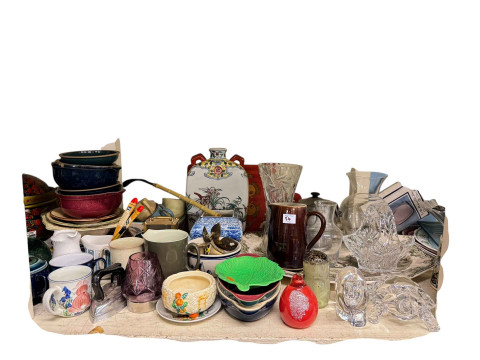 Large collection of decorative pottery, figurines, Russian wooden service, glass, table lamps etc. thumbnail