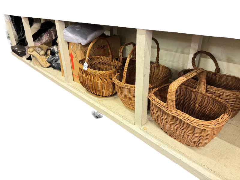 Five wicker baskets, fur coats, linens, designer handbag etc.