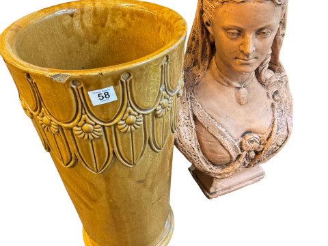 Collection of LP records, singles, figural lady bust, stoneware planter etc. thumbnail