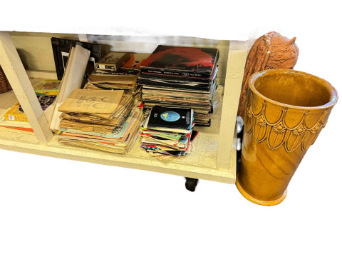 Collection of LP records, singles, figural lady bust, stoneware planter...