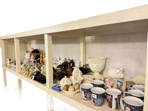 Collection of creamwares, figurines, dolls, festive mugs etc.