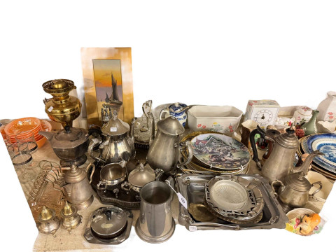 Collection of metalwares, commemorative wares, oil lamp, glass etc. thumbnail