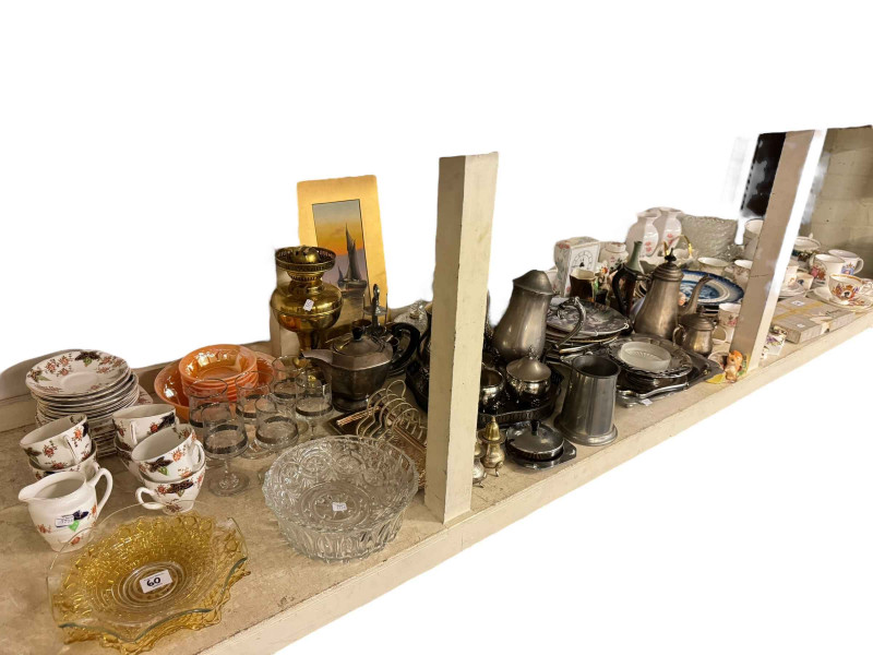 Collection of metalwares, commemorative wares, oil lamp, glass etc.