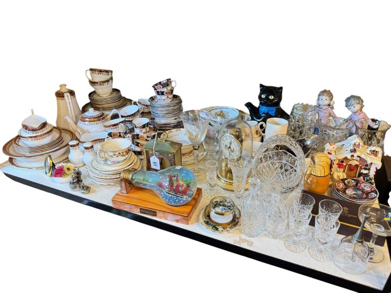 Collection of part tea wares, glass, Bunnykins, anniversary clock etc.