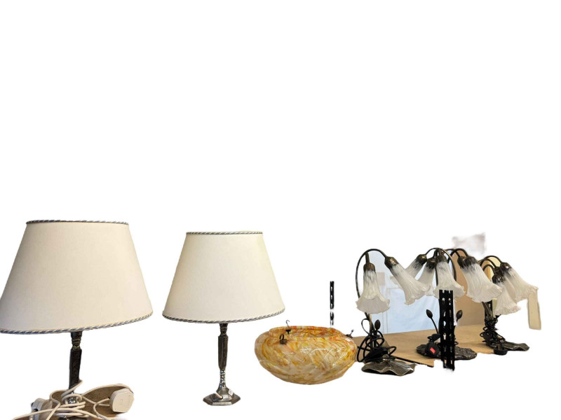 Collection of table lamps and a retro glass ceiling light shade.