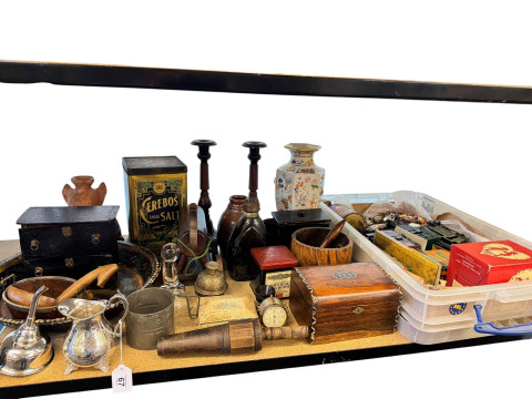 Tin plate railway, Britains Ltd models, mahogany inlaid tea caddy, Vase...