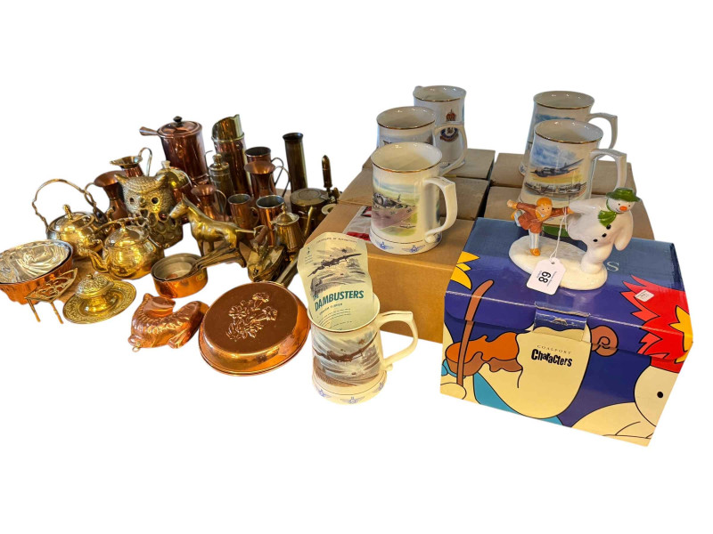 The Snowman Coalport figure in box, RAF tankards by Danbury Mint, polished copperwares.