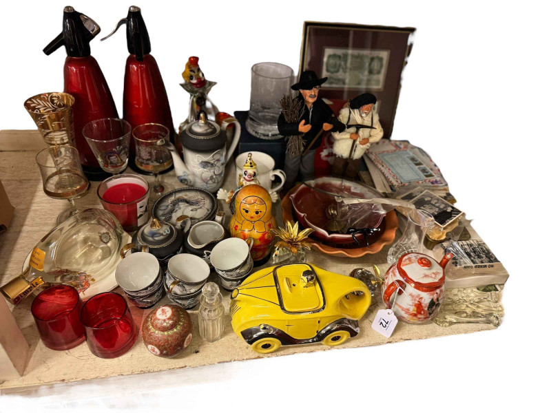 Stamps, Beatles A+B, C trade cards, cameras, Murano clown, grandmother clock etc.