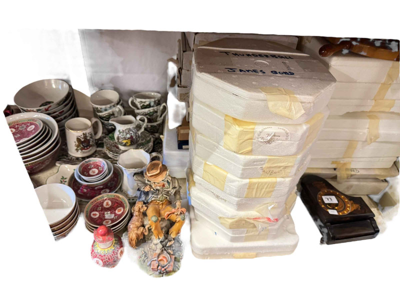 Collection of collectors plates, metal wares, figurines, part tea wares, three garden ornaments etc.