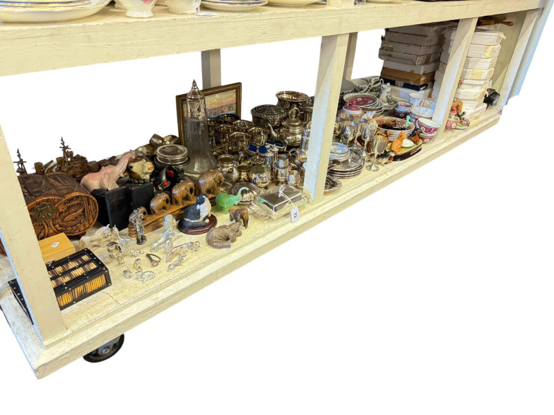 Collection of collectors plates, metal wares, figurines, part tea wares, three garden ornaments etc.