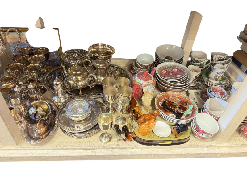 Collection of collectors plates, metal wares, figurines, part tea wares, three garden ornaments etc.