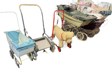 Collection of dolls prams, pull-along dog etc.