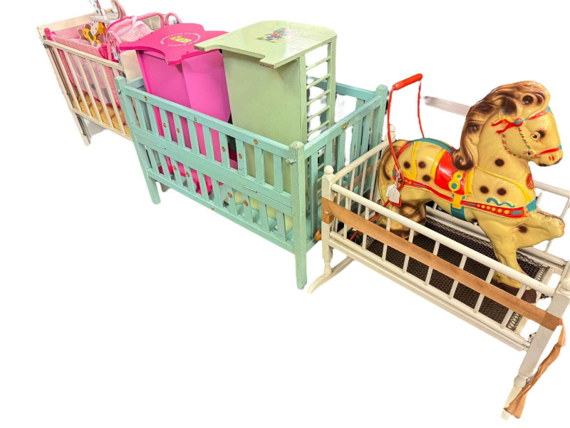 Collection of dolls and baby cots, pull-along horse etc.