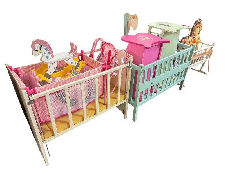 Collection of dolls and baby cots, pull-along horse etc.