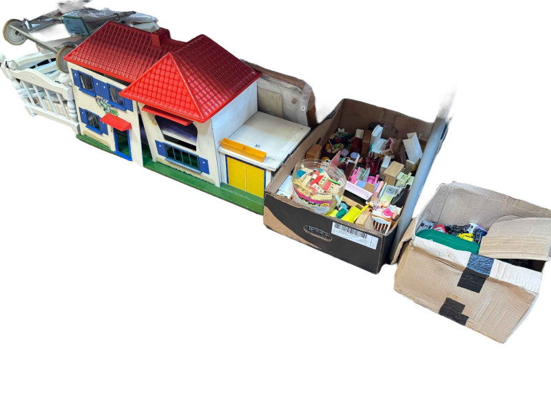 Doll's house with furniture, cot etc.