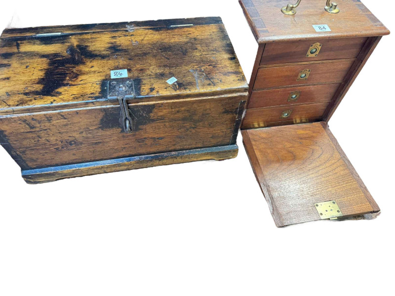 Vintage miniature four drawer cabinet with key and a lidded box.