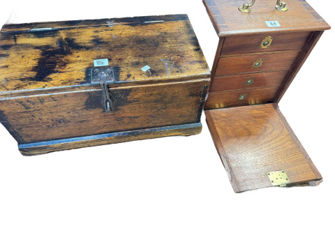 Vintage miniature four drawer cabinet with key and a lidded box.