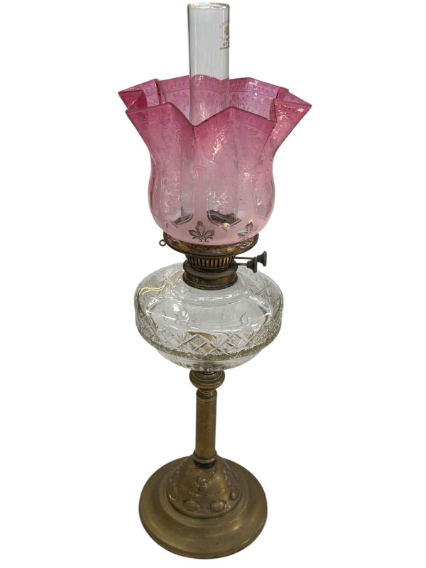 Victorian oil lamp with pink etched shade, 70cm.