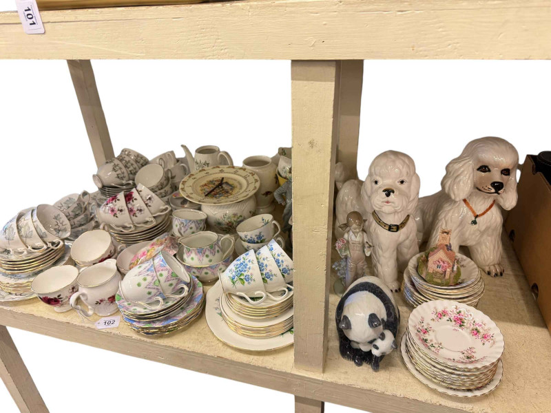 Copenhagen panda, three Lladro figures, two large Continental pottery poodles, various teawares etc.