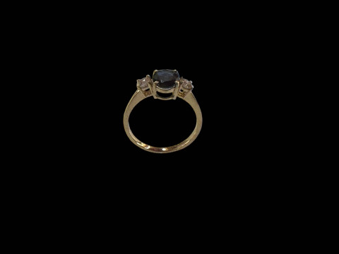 Three stone sapphire and diamond ring, set in 18 carat yellow gold, size M. thumbnail
