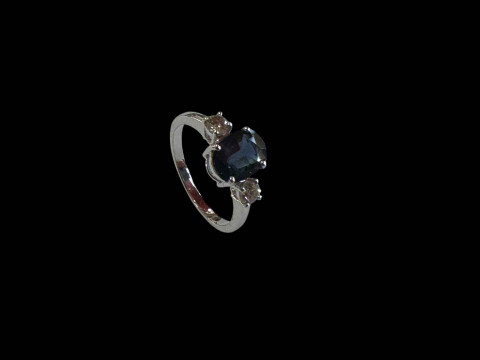 Three stone sapphire and diamond ring, set in 18 carat white gold, size...