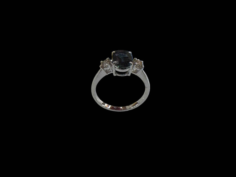 Three stone sapphire and diamond ring, set in 18 carat white gold, size M.