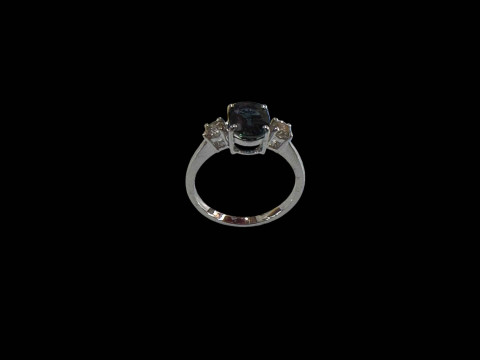 Three stone sapphire and diamond ring, set in 18 carat white gold, size M. thumbnail