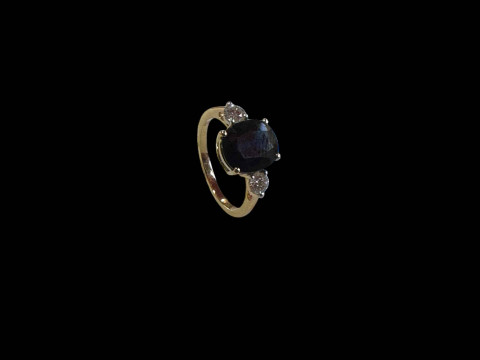 18 carat yellow gold sapphire and diamond three-stone ring, size M.
