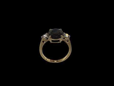 18 carat yellow gold sapphire and diamond three-stone ring, size M. thumbnail