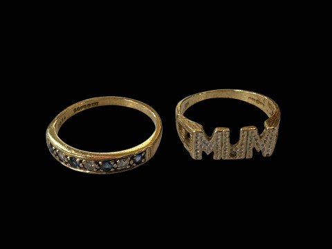 Two 9 carat gold rings, one with sapphires and diamonds, one MUM.