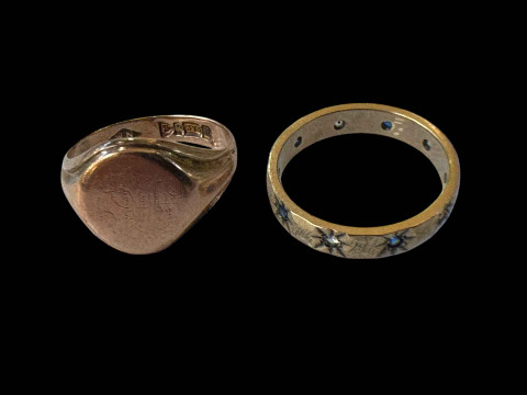 9 carat gold gem set eternity ring and 9 carat gold signet ring (2).