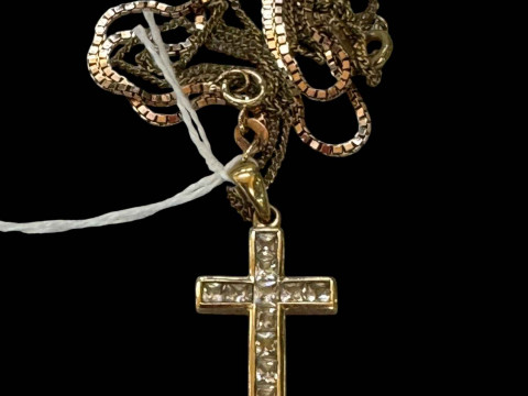 9 carat gold gem set cross with plated chain and 9 carat gold square section...
