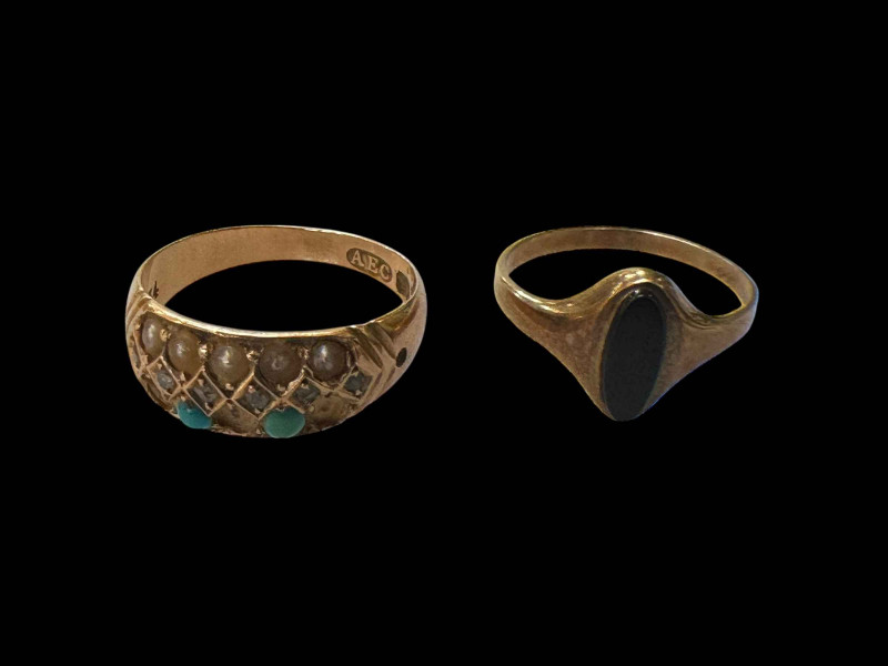 15 carat gold turquoise and pearl ring (missing stones) and 9 carat gold ring (2).
