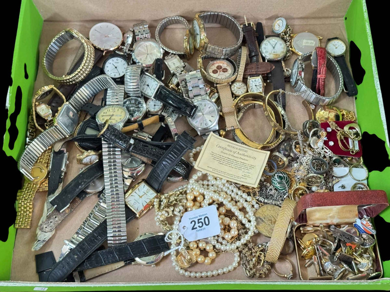 Box of watches and jewellery.