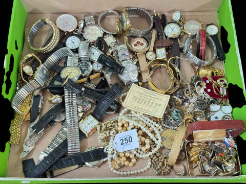 Box of watches and jewellery.